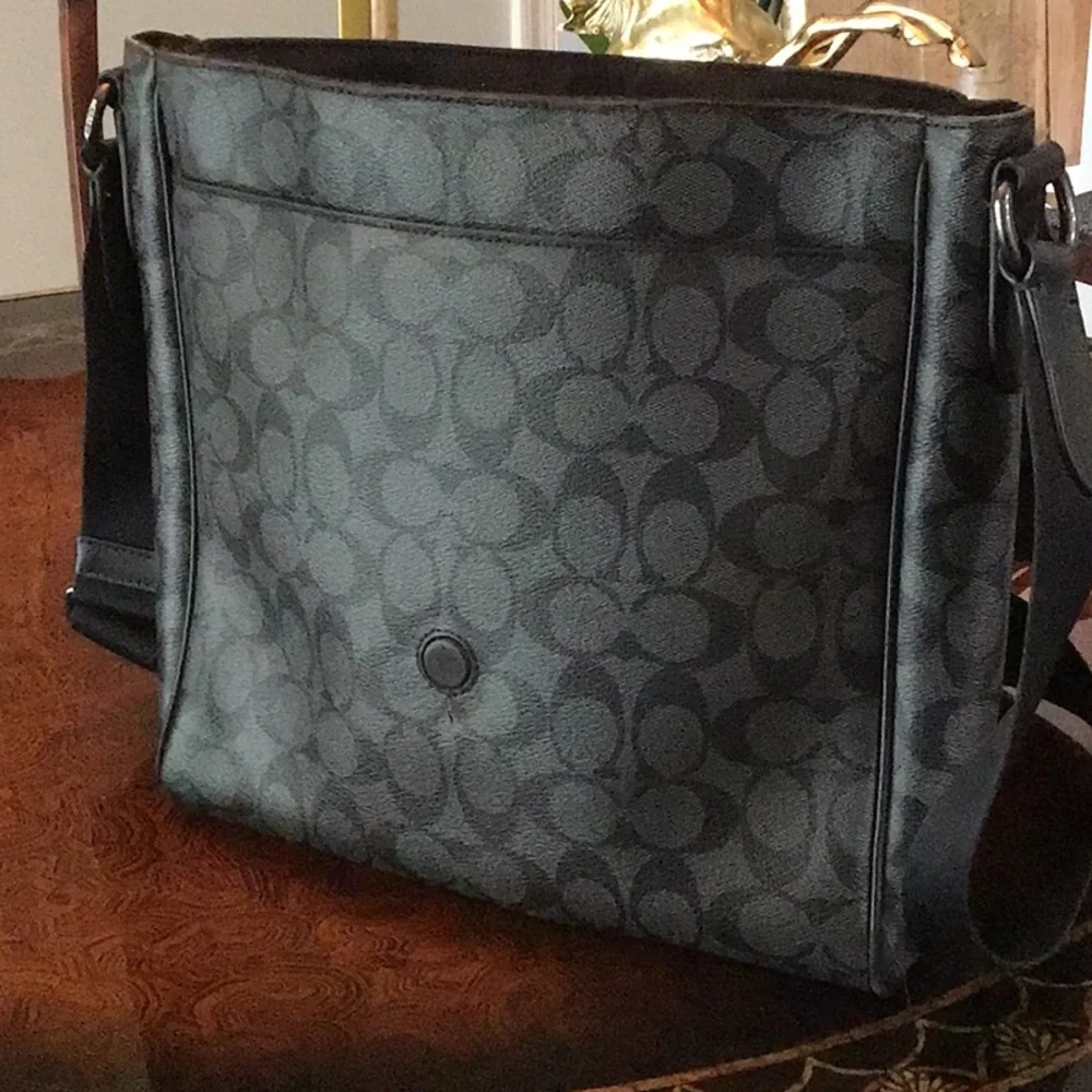 Coach Black Messenger Flap Bag with Leather Trim Houston Map